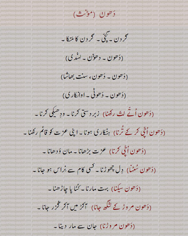 گردن۔ گچی۔ گردن کا منکا۔ دھون۔ دھونی۔ دھون اتے لت رکھنا۔ زبردستی کرنا۔ ودھیکی کرنا۔ دھون اچی کر کے ترنا۔ ہنکاری ہونا۔ اپنی عزت قائم رکھنا۔ دھون اچی کرنا۔ عزت بڑھانا۔ مان ودھانا۔دھون سٹنا۔ دل چھوڑنا۔ کسی کام سے نراس ہونا۔ دھون سیکنا۔ بہت مارنا۔ کٹ چاڑھنا۔ دھون مروڑ کے لنگھ جانا۔ آکڑ میں گزر جانا۔ دھون مروڑنا۔ جان سے مار دینا۔ دھونوں پھڑنا۔ سختی سے۔ مجبور کرنا۔مھون۔ کھتریوں کی ذات۔ دھونی۔   قحط جب گندم بیس روپے کی بیس سیر فروخت ہوئی۔ بیس سیر کا وزن۔
