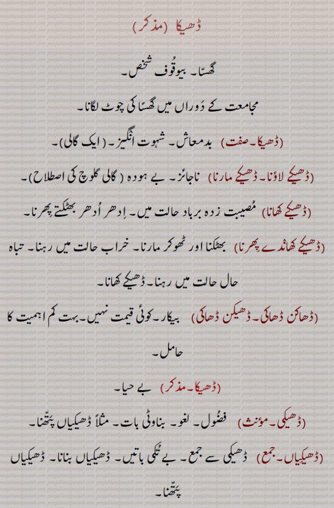 ڈھیکا  , گھسا۔ بیوقوف شخص,مجامعت کے دوراں میں گھسًا کی چوٹ لگانا,ڈھیکا,  بدمعاش۔ شہوت انگیز۔  ایک گالی,ڈھیکے لاؤنا۔ڈھیکے مارنا,   ناجائز۔ بے ہودہ  ,ڈھیکے کھانا,  مصیبت زدہ برباد حالت میں۔ ادھر ادھر بھٹکتے پھرنا,ڈھیکے کھاندے پھرنا,   بھٹکنا اور ٹھوکر مارنا۔ خراب حالت میں رہنا۔ تباہ حال حالت میں رہنا۔ڈھیکے کھانا,ڈھاکن ڈھاکی۔ڈھیکن ڈھاکی,   بیکار۔کوئی قیمت نہیں۔بہت کم اہمیت کا حامل,ڈھیکا, بے حیا,ڈھیکی,    فضول۔ لغو۔ بناوٹی بات۔ مثلاً ڈھیکیاں پتھنا,ڈھیکیاں,   ڈھیکی سے جمع۔ بے تکی باتیں۔ ڈھیکیاں بنانا۔ ڈھیکیاں پتھنا, ڈھیکیاں پتھنا,بے تکی باتیں کرنا,ڈھیکھ۔, ڈھیٹھ۔