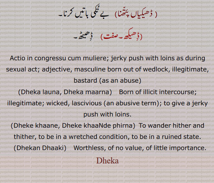 Actio in congressu cum muliere; jerky push with loins as during sexual act; adjective, masculine born out of wedlock, illegitimate, bastard (as an abuse), Dheka launa, Dheka maarna,   Born of illicit intercourse; illegitimate; wicked, lascivious (an abusive term); to give a jerky push with loins.,Dheke khaane, Dheke khaaNde phirna,  To wander hither and thither, to be in a wretched condition, to be in a ruined state., Dhekan Dhaaki,   Worthless, of no value, of little importance. Dheka launa, Dheka maarna,Dheke khaane, Dheke khaaNde phirna,Dhekan Dhaaki,Dheka, ਢੇਕਾ,   ਢੇਕਾ ਮਾਰਨਾ, Dhekan Dhaaki,  ਢੇਕਨ ਢਾਕੀ ,
