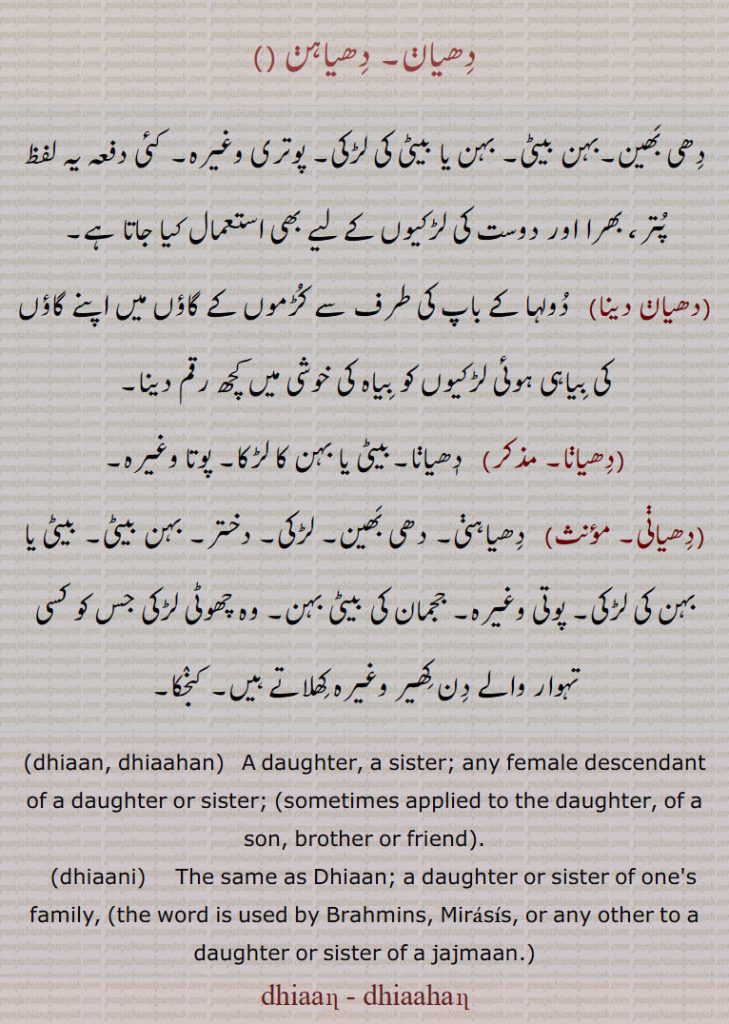دھیاڽ۔ دھیاہڽ,دھی بھین۔بہن بیٹی۔ بہن یا بیٹی کی لڑکی۔ پوتری وغیرہ۔ کئی دفعہ یہ لفظ پتر، بھرا اور دوست کی لڑکیوں کے لیے بھی استعمال کیا جاتا ہے,دھیاڽ دینا,  دولہا کے باپ کی طرف سے کڑموں کے گاؤں میں اپنے گاؤں کی بیاہی ہوئی لڑکیوں کو بیاہ کی خوشی میں کچھ رقم دینا,دھیاڽا,   دٖھیاڽا۔بیٹی یا بہن کا لڑکا۔ پوتا وغیرہ,دھیاڽی, دھیاہڽی۔ دھی بھین۔ لڑکی۔ دختر۔ بہن بیٹی۔ بیٹی یا بہن کی لڑکی۔ پوتی وغیرہ۔ ججمان کی بیٹی بہن۔ وہ چھوٹی لڑکی جس کو کسی تہوار والے دن کھیر وغیرہ کھلاتے ہیں۔ کنجکا۔
,dhiaan, dhiaahan,   A daughter, a sister; any female descendant of a daughter or sister; (sometimes applied to the daughter, of a son, brother or friend).,dhiaani,  The same as Dhiaan; a daughter or sister of one's family, (the word is used by Brahmins, Mirasis, or any other to a daughter or sister of a jajmaan.,dhiaan - dhiaahan, ,دھیان دینا, دھیانا, دھیانی, dheeaan, dheeaahan,   dheean, dheeahan,  ਧਿਆਹਣ , dhiaani,dheeani, dheeaani,  ਧਿਆਣੀ ,