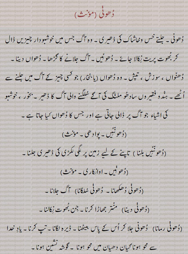 جلتے خس و خاشاک کی ڈھیرہ۔ آگ میں خوشبودار چیزیں ڈال کر بھوت پریت نکالنا۔ دھوئیں۔ آگ جلانے کا گڑھا۔ دھواں دینا۔ دھنواں سوزچ۔ تپش۔ سادھو ملنگ کی سلگنے کا ڈھیر۔بخور۔ دھنئیں۔ سھونئیں بلنا۔ لکڑی کی ڈھیری جلنا۔ منتر جھاڑا۔ جن بھوت نکالنا۔ ڈیرہ لگانا۔ تپ کرنا۔ گوشہ نشین۔ دھونی لانا۔دھونی,دھونی لانا,