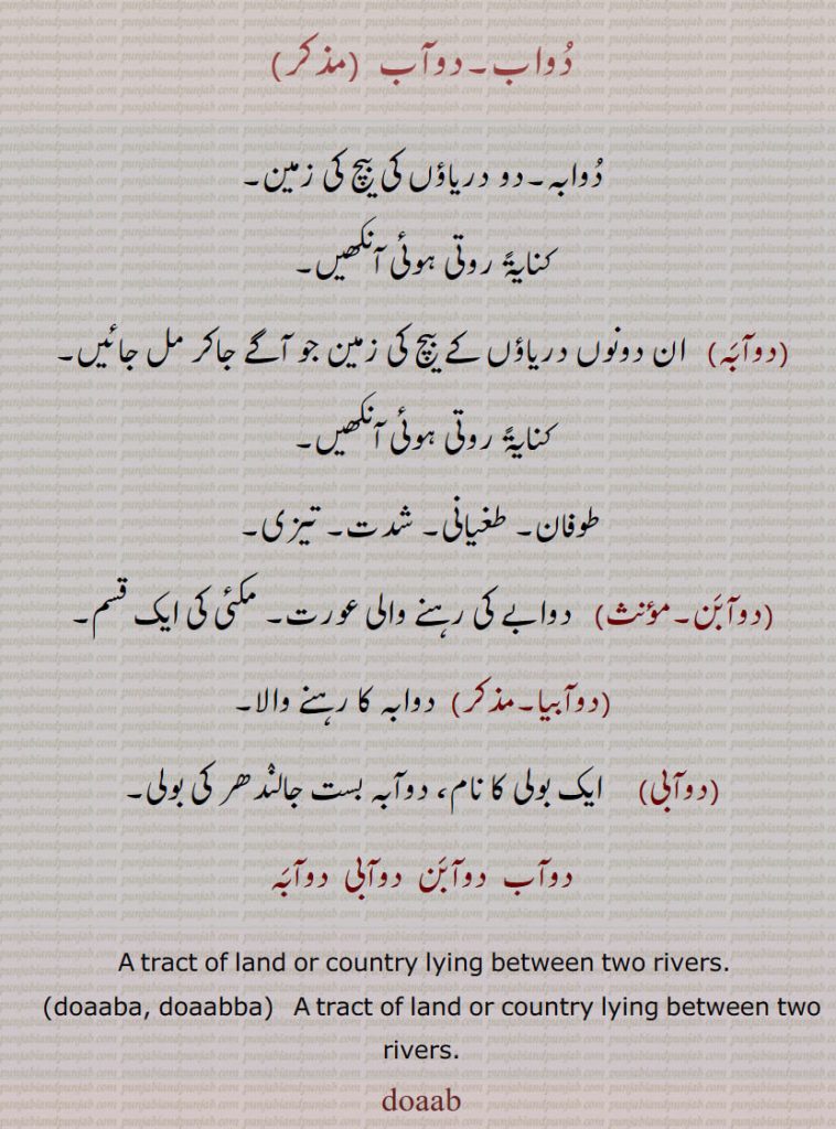 دُواب,دُوابہ۔دو دریاؤں کی بیچ کی زمین,کنایۃً روتی ہوئی آنکھیں,دوآبَہ,  ان دونوں دریاؤں کے بیچ کی زمین جو آگے جاکر مل جائیں,کنایۃً روتی ہوئی آنکھیں,طوفان۔ طغیانی۔ شدت۔ تیزی,دوآبَن, دوابے کی رہنے والی عورت۔ مکئی کی ایک قسم,دوآبیا, دوابہ کا رہنے والا,دوآبی,  ایک بولی کا نام، دوآبہ بست جالنٛدھر کی بولی,دوآب  دوآبَن  دوآبی  دوآبَہ,A tract of land or country lying between two rivers.
   (doaaba, doaabba)   A tract of land or country lying between two rivers.doaab, doab, doaaba, doabba, baar,دوآب۔ بار,دوآب,دوآبَن,دوآبی,دوآبَہ,,ਦੋਆਬ,ਦੋਆਬਾ,ਦੋਆੱਬਾ,baar, بار , ਬਾਰ 