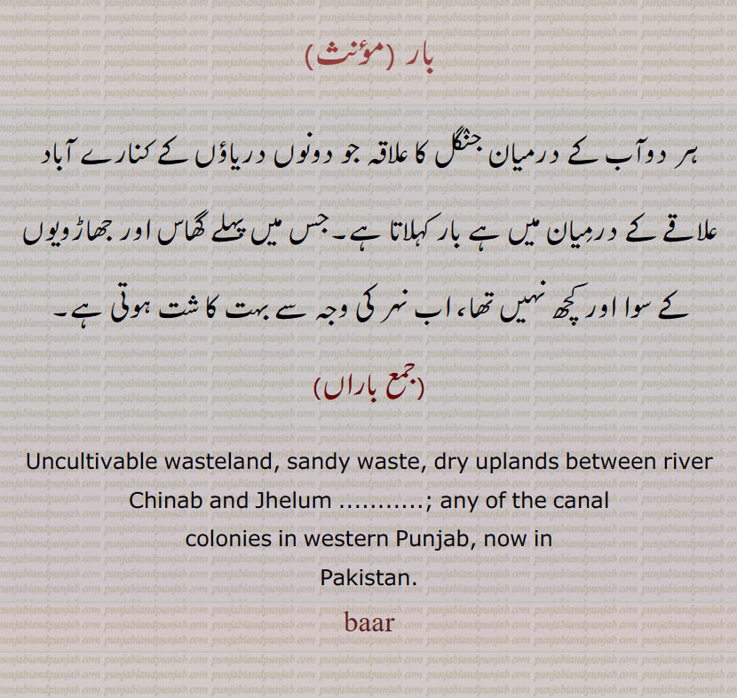 بار.ہر دوآب کے درمیان جنٛگل کا علاقہ جو دونوں دریاؤں کے کنارے آباد علاقے کے درمِیان میں ہے بار کہلاتا ہے۔جس میں پہلے گھاس اور جھاڑویوں کے سوا اور کچھ نہیں تھا، اب نہر کی وجہ سے بہت کا شت ہوتی ہے۔ ,Uncultivable wasteland, sandy waste, dry uplands between river Chinab and Jhelum ...........; any of the canal,colonies in western Punjab, now in,Pakistan.,baar,bar,baraan, doab, doaaba, doabba, baar,دوآب۔ بار,دوآب,دوآبَن,دوآبی,دوآبَہ,,ਦੋਆਬ,ਦੋਆਬਾ,ਦੋਆੱਬਾ,baar, بار , ਬਾਰ 