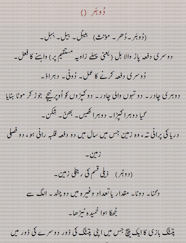 دوہر۔ دھر۔ بیئل بیل بہل۔ دوسری بار پاڑ والا ہل۔ زاویہ مستقیم پر واہنے کا عمل۔ دوسری بار۔ دونی۔ دہراؤ۔ دوہری چادر۔دو تہوں والی چادر۔ دو کپڑوں کو اوپر نیچے جوڑ کر موٹا۔ دوہرا کپڑا۔ دوہرا کھیس۔ بھن۔ شکن۔ دریا کی پرانی تہ۔
