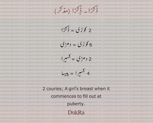 2 couries. girfs breast when it commences to fill out at puberty.dukra.,ڈکڑا۔ دو کوڑی۔  چھ کوڑی۔ دو دمڑی۔ چار  کسیرا۔ پیسا