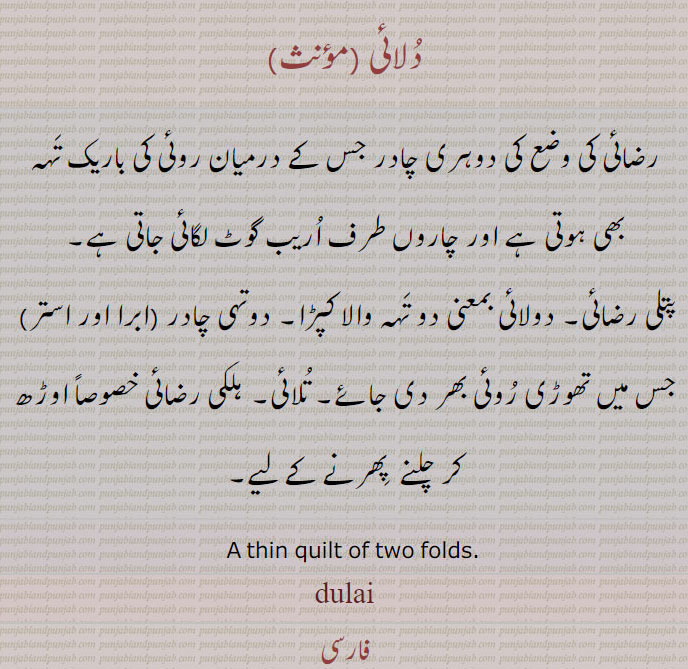 دُلائی ,رضائی کی وضع کی دوہری چادر جس کے درمیان روئی کی باریک تَہہ بھی ہوتی ہے اور چاروں طرف اُریب گوٹ لگائی جاتی ہے,پتلی رضائی۔ دولائی بمعنی دو تَہہ والا کپڑا۔ دوتہی چادر (ابرا اور استر)  جس میں تھوڑی رُوئی بھر دی جائے۔ تُلائی۔ ہلکی رضائی خصوصاً اوڑھ کر چلنے  پِھرنے کے لیے,   A thin quilt of two folds., dulai, ,dolai, ਦੁਲਾਈ