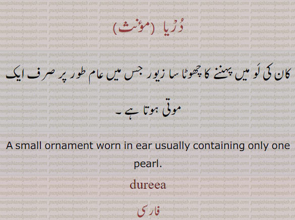 duria,ਦੁਰਿਆ,earring, small ornament worn in ear usually containing only one pearl. duria. dureea. dooria. doria, کان کی لو میں صرف ایک موتی  کا بُنٛدا کانٹا زیور۔ دریا۔ در۔  ਦੁਰਿਆ