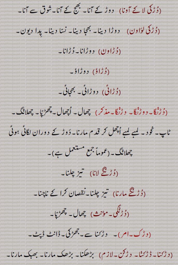 ,دڑکی لا کے آونا,  دوڑ کے آنا۔ بھج کے آنا۔شوق سے آنا,دڑکی لواون,    دوڑا دینا۔ بھجا دینا۔ نسا دینا۔ پدا دیون,دڑاون,  دوڑانا۔دڑانا,دڑاؤ,  دوڑاؤ,دڑائی,  دوڑائی۔ بھجائی,دڑنگا۔دوڑنگا۔ دڑنگا, چھال۔ اچھال۔چھڑپا۔ چھلانگ۔ ٹاپ۔ کود۔ لمبے لمبے اچھل کر قدم مارنا۔دوڑ کے دوران لگائی ہوئی چھلانگ۔,دڑنگے لانا,    تیز چلنا,(دڑنگے مارنا,  تیز چلنا۔نقصان کرا کے ناچنا,دڑنگی,  چھال۔ چھڑپا,دڑک,  دڑکنا سے۔جھڑکی۔ڈانٹ ڈپٹ,دڑکنا۔ڈڑکنا۔ دڑکن,  بڑھکنا۔ بڑھک مارنا۔ بھبک مارنا۔