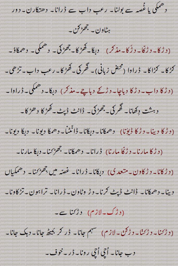 دھمکی یا غصہ سے بولنا۔ رعب داب سے ڈرانا۔ دھتکارن۔دور ہٹاون۔ جھڑکن,دڑکا۔دڑکا۔دڑکا,  دبکا۔کھڑکا۔جھڑکی۔ دھمکی۔ دھمکاؤ۔ کڑکا۔ کڑاکا۔ ڈراوا (محض زبانی)۔ گھرکی۔کھڑکا۔رعب داب۔تڑھی,دڑکا داب۔دڑکا دباچا۔دڑکے دباچے,  دبکا۔دھمکی۔ڈراوا۔ دہشت دکھانا۔ گھرکی۔جھڑکی۔ ڈانٹ ڈپٹ۔کھڑکا دھڑکا,دڑکا دینا۔دڑکا ڈیونا,  دھمکانا۔دبکانا۔ڈانٹنا۔دھمکا دیونا۔ دبکا دیونا,دڑکا مارنا۔دڑکا مارنا,  ڈرانا۔ دھمکانا۔ جھڑکنا۔دبکا مارنا,دڑکانا۔دڑکاون,  دبکانا۔ڈرانا۔ غصہ میں جھڑکنا۔ دھمکیاں دینا۔دھمکانا۔ ڈانٹ ڈپٹ کرنا۔دڑ وٹاون۔ڈرانا۔ تراہون۔تڑکاونا,دڑک,  دڑکنا سے,دڑکنا۔دڑکنا۔دڑکن,سہم جانا۔ ڈر کر بیٹھ جانا۔دبک جانا۔ دب جانا۔ اچی اچی رونا۔ڈر۔خوف
