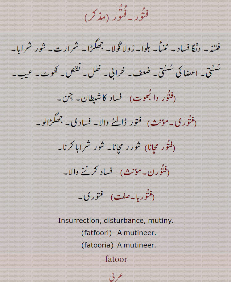 فتور, فتنہ۔ دنگا فساد۔ ٹنٹا۔ بلوا۔رولا گولا۔ جھگڑا۔ شرارت۔ شور شرابا, سسْتی۔ اعضا کی سسْتی۔ ضعف۔ خرابی۔ خلل۔ نقص۔ کھوٹ۔ عیب, فتور دا بھوت,    فساد کا شیطان۔ جن, فتوری,   فتور ڈالنے والا۔ فسادی۔ جھگڑالو, فتور مچانا,  شورر مچانا۔ شور شرابا کرنا, فتورن,   فساد کرننے والا,فتوریا,فتوری۔
nsurrecton, dsturbance, mutny., fatfoor,   A mutneer., fatoora, A mutneer.,fatoor, ਫਤੂਰ, ਫਤੂਰੀ, ਫਤੂਰੀ, ਫਤੂਰੀਆ, ਫਤੂਰੀਆ,
