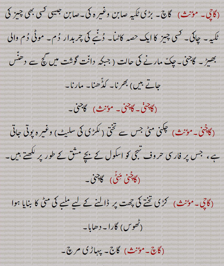 ,گاچی, گاچ۔ بڑی ٹکیہ صابن وغیرہ کی۔صابن جیسی کسی بھی چیز کی ٹکیہ۔ چاکی۔ کسی چیز کا ایک حصہ کاٹنا۔ دنبے کی چربدار دم۔ موٹی دم والی بھیڑ۔ گاجنی۔چک مارنے کی حالت , جبکہ دانت گوشت میں گچ سے دھنس جاتے ہیں, بھرنا۔ کڈھنا۔ مارنا۔,گاچنی,  گاجنی,گاچْنی, چکنی مٹی جس سے تختی ( لکڑی کی سلیٹ) وغیرہ پوتی جاتی ہے،  جس پر فارسی حروف تہجی کو اسکول کے بچے مشق کے طور پر لکھتے ہیں,اچْنی مٹی.  گاچنی.گاچی.  کڑی تختے کی چھت پر ڈالنے کے لیے ملبے کی مٹی کا بنایا ہوا (ٹھوس) گارا۔دھابا. گاج۔ پہاڑی مرچ.گاچ گرے۔فقرہ)  (کوسنا) بجلی گر جائے۔ مر جائے.گاچا.  گاجا۔

