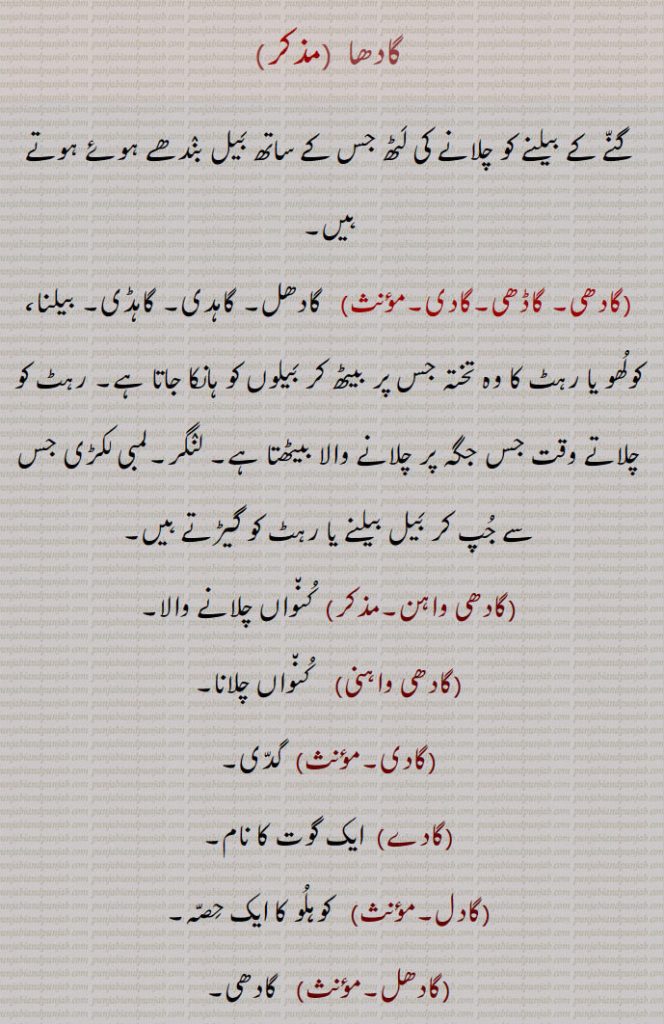 گادھا ,گنے کے بیلنے کو چلانے کی لٹھ جس کے ساتھ بیل بندھے ہوئے ہوتے ہیں۔
(گادھی۔ گاڈھی۔گادی,  گادھل۔ گاہدی۔ گاہڈی۔ بیلنا، کولھو یا رہٹ کا وہ تختہ جس پر بیٹھ کر بیلوں کو ہانکا جاتا ہے۔ رہٹ کو چلاتے وقت جس جگہ پر چلانے والا بیٹھتا ہے۔ لنگر۔لمبی لکڑی جس سے جپ کر بیل بیلنے یا رہٹ کو گیڑتے ہیں, گادھی واہن, کنواں چلانے والا,گادھی واہنی,   کنواں چلانا,گادی, گدی,گادے,ایک گوت کا نام,گادل,  کوہلو کا ایک حصہ,گادھل, گادھی,گادھ,  پانی کا تھلا۔ تھاہ۔ استھان۔ جگہ۔ چاہ۔ پراپتی کی خواہش۔ آس,گاد,   کنوئیں کی کاڑھ۔ جین۔ میل جو  نیچے تہ میں بیٹھ جائے۔ کنواں، تالاب وغیرہ کی تہ کا کیچڑ۔ گارا۔ تلچھٹ۔ پانی، تیل وغیرہ کے نیچے بیٹھی ہوئی میل,گاد اٹھانا, مٹی گھولنا۔ تلے بیٹھی مٹی کو ہلا کر ملا دینا,گاڈھوں,  گدھا۔کھوتا,گاذر, دھوبی۔کپڑے دھونے والا۔ کپڑے صاف کرنے والا۔کپڑوں کا میل کچیل صاف کرنے والا۔