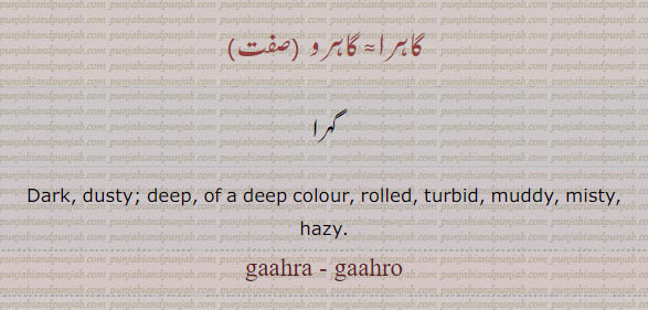 gaahro,ਗਹਿਰਾ, dark. dusty. deep. of a deep colour. rolled. turnbid. muddy. misty. hazy.gaahra. gaahro. گاہرا۔ گاہرو۔ گہرا