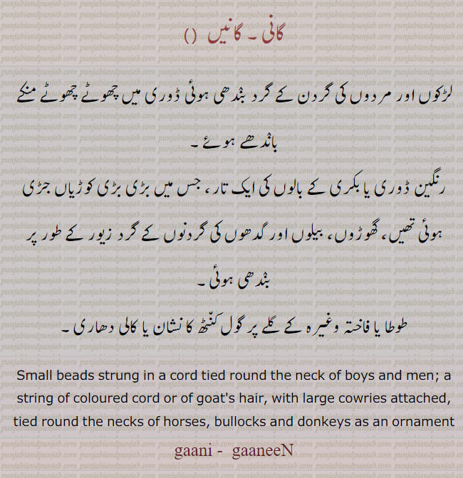گانی, گانیں, Gaani, ਗਾਨੀ, GaaneeN, ਗਾਨੀਂ, ganni, gani,Small beads strung in a cord tied round the neck of boys and men; a string of coloured cord or of goat's hair, with large cowries attached, tied round the necks of horses, bullocks and donkeys as an ornament,ornament,Jewellery,jewelry,زیور, لڑکوں اور مردوں کی گردن کے گرد بدنھی ڈوری جس میں منکے باندھے ہوئے ہوتے ہیں۔ رنگین ڈوری جو بکری گھوڑوں جانور کی گردنوں میں میں۔ طوطا یا فاختہ کے گلے کا کنٹھ کا نشان یا لالی لال دھاری۔