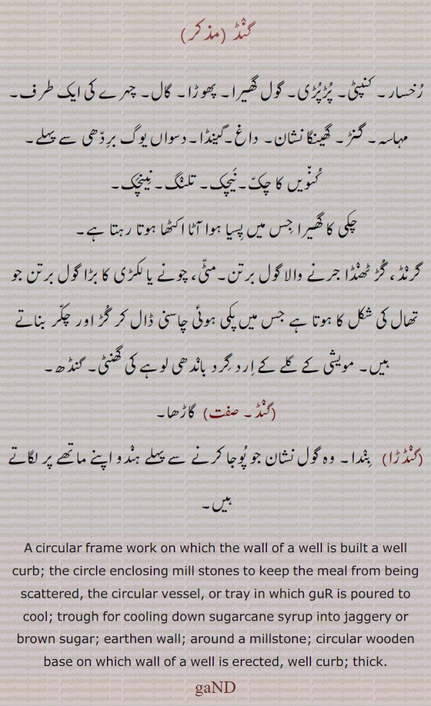 گنڈ , رخسار۔ کنپٹی۔ پڑپڑی۔ گول گھیرا۔ پھوڑا۔ گال۔ چہرے کی ایک طرف۔ مہاسہ۔ گنڑ۔ گھینگا نشان۔ داغ۔گینڈا۔دسواں یوگ بردھی سے پہلے, کنویں کا چک۔نیچک۔ تلنگ۔نینچک, چکی کا گھیرا جس میں پسیا ہوا آٹا اکٹھا ہوتا رہتا ہے, گرنڈ، گڑ ٹھنڈا جرنے والا گول برتن۔مٹی، چونے یا لکڑی کا بڑا گول برتن جو تھال کی شکل کا ہوتا ہے جس میں پکی ہوئی چاسنی ڈال کر گڑ اور چکر بناتے ہیں۔ مویشی کے گلے کے ارد گرد باندھی لوہے کی گھنٹی۔ گنڈھ, گنڈ,  گاڑھا, گنڈڑا,  بندا۔ وہ گول نشان جو پوجا کرنے سے پہلے ہندو اپنے ماتھے پر لگاتے ہیں۔
A circular frame work on which the wall of a well is built a well curb; the circle enclosing mill stones to keep the meal from being scattered, the circular vessel, or tray in which guR is poured to cool; trough for cooling down sugarcane syrup into jaggery or brown sugar; earthen wall; around a millstone; circular wooden base on which wall of a well is erected, well curb; thick. gaND,  گنڈ ،gand, ਗੰਡ ,گنڈڑا 