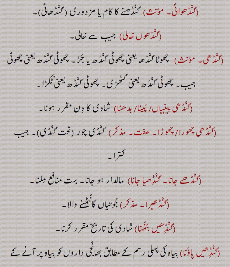 ,گنٛڈھوائی,  گنٛڈھنے کا کام یا مزدوری , گنٛڈھائی,,گنٛڈھوں خالی,  جیب سے خالی,گنٛڈھی,   چھوٹا گنٛڈھا یعنی چھوٹی گنٛڈھ یا جَڑ۔ چھوٹی گنٛڈھ یعنی چھوٹی جیب۔ چھوٹی گنٛڈھ یعنی گٹھڑی۔ چھوٹی گنٛڈھ یعنی ٹُکڑا,گنٛڈھی پینٖیاں,گنٛڈھی پَینا,گنٛڈھی بدھنا,  شادی کا دِن مقرر ہونا,گنٛڈھی چھورا,گنٛڈھی چھوڑا۔, گنٛڈی چور, جیب کترا,گنٛڈھے جانا۔ گنٛڈِھیا جانا,  مالدار ہو جانا۔ بہت منافع مِلنا,گنٛڈھیرا,جُوتیاں گان٘ٹھنے والا,گنٛڈِھیں بَنّھنا, شادی کی تاریخ مقرر کرنا,گنٛڈِھیں پاؤَنا, بِیاہ کی پہلی رسم کے مطابق بھانٛجی داروں کو بِیاہ پر آنے کے لیے اِطلاع دینا۔