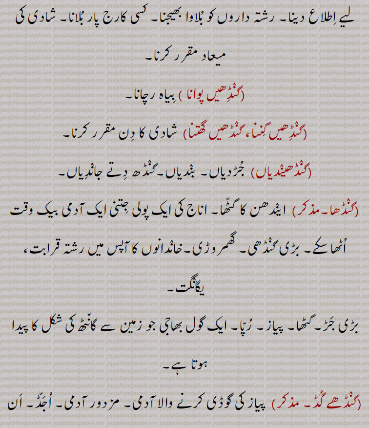  رشتہ داروں کو بُلاوا بھیجنا۔ کسی کارج پار بُلانا۔ شادی کی میعاد مقرر کرنا,گنٛڈِھیں پوانا , بِیاہ رچانا,گنٛڈِھیں گِننا، گنٛڈھیں گھتنا, شادی کا دِن مقرر کرنا,گنٛڈھینٛدیاں,جُڑدیاں۔ بنٛدیاں۔گنٛڈھ دِتے جانٛدِیاں,گنٛڈھا,اینٛدھن کا گٹّھا۔ اناج کی ایک پولی جِتنی ایک آدمی بیک وقت اُٹھا سکے۔ بڑی گنٛڈھی۔ گھمروڑی۔خانٛدانوں کا آپس میں رشتہ قرابت، یگانٛگت,بڑی جَڑ۔گٹھا۔ پیاز۔ رُپّا۔ ایک گول بھاجی جو زمین سے گان٘ٹھ کی شکل کا پیدا ہوتا ہے,گنٛڈھے گُڈ, پیاز کی گوڈی کرنے والا آدمی۔ مزدور آدمی۔ اُجَڈّ۔