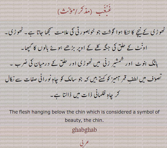 غبغب,ghabghab,ਗ਼ਬਗ਼ਬ,flesh hanging below chin the chin.  ٹھوڑی کے نیچے کا گوشت۔ اونٹ کے حلق کے اوپر بالوں کا گپھا۔ بانگ بنوٹ اور شمشیر زنی میں ٹھوڑی اور حلق کے درمیان ضرب۔ تصوف میں لطف قہر آمیز جو سالک کو چاہ نورانی صفات سے نکال کر چاہ ظلمانی ذات میں ڈالتا ہے۔