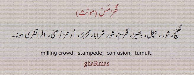 گھڑمس, ਘੜਮੱਸ, gharmas, milling crowd. stampede. confusion. tumult. گھمچ شور۔ ہلچل۔ بھیڑ۔ گھڑم۔ شور شرابا۔ گڑبڑ۔ ادھر دھمی۔ افراتفری ہونا