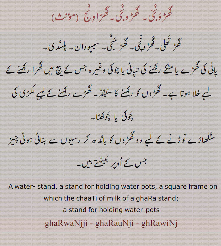 گھڑونجی۔ گھڑونجی۔گھڑاونج  , گھڑ تھلی۔گھڑونچی۔ گھڑ منجی۔ سبپودان۔ پلہندی, پانی کی گھڑے یا مٹکے رکھنے کی تپائی یا چوکی وغیرہ جس کے بیچ میں گھڑا رکھنے کے لیے خلا ہوتا ہے۔ گھڑوں کو رکھنے کا سٹینڈ۔ گھڑے رکھنے کے لییے لکڑی کی چوکی  یا  چوکھٹا, سنگھاڑے توڑنے کے لیے دو گھڑوں کو باندھ کر رسیوں سے بنائی ہوئی چیز جس کے اوپر بیٹھتے ہیں۔پانی کی گھڑے یا مٹکے رکھنے کی تپائی یا چوکی وغیرہ جس کے بیچ میں گھڑا رکھنے کے لیے خلا ہوتا ہے.
  A water- stand, a stand for holding water pots, a square frame on which the chaaTi of milk of a ghaRa stand;
a stand for holding water-pots, ghaRwaNjji - ghaRauNji - ghRawiNj, ,ghaRwaNjji, ghaRauNji, ghRawiNj , ਡ਼ਵੰਜੀ, 