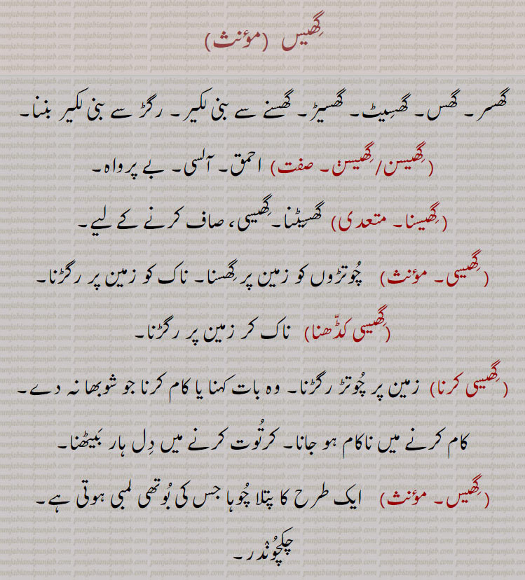 گھیس ,گھسر۔ گھس۔ گھسیٹ۔ گھسیڑ۔ گھسنے سے بنی لکیر۔ رگڑ سے بنی لکیر بننا, گھیسن, احمق۔ آلسی۔ بے پرواہ, گھیسنا, گھسیٹنا۔گھیسی، صاف کرنے کے لیے,گھیسی,   چوتڑوں کو زمین پر گھسنا۔ ناک کو زمین پر رگڑنا,گھیسی کڈھنا,   ناک کر زمین پر رگڑنا, گھیسی کرنا,  زمین پر چوتڑ رگڑنا۔ وہ بات کہنا یا کام کرنا جو شوبھا نہ دے۔ کام کرنے میں ناکام ہو جانا۔ کرتوت کرنے میں دل ہار بیٹھنا,   ایک طرح کا پتلا چوہا جس کی بوتھی لمبی ہوتی ہے۔ چکچوندر, گھیس مار۔مذکر)    چوہے پکڑنے یا مارنے کا جنتر۔ چوہے دان۔ کڑکی,گھیس کرنی۔ گھیس چاڑھنی,  کسی کو بری طرح پیٹنا,
