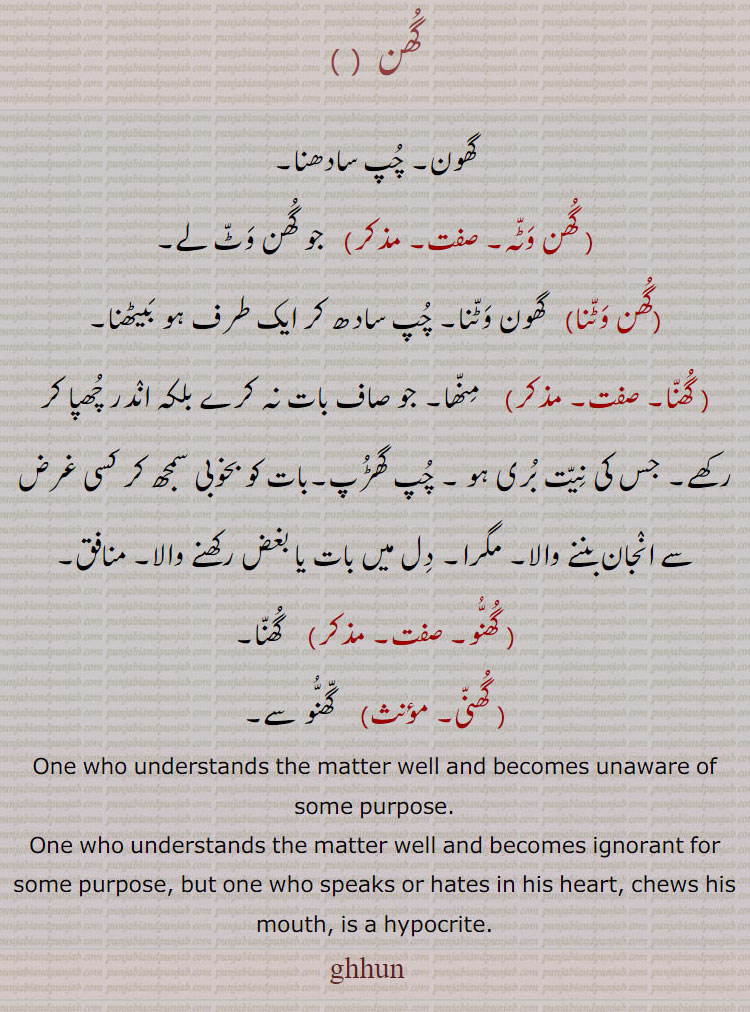 گھن  ,گھون۔ چپ سادھنا, گھن وٹہ,  جو گھن وٹ لے,گھن وٹنا,  گھون وٹنا۔ چپ سادھ کر ایک طرف ہو بیٹھنا, گھنا,    منھا۔ جو صاف بات نہ کرے بلکہ اندر چھپا کر رکھے۔ جس کی نیت بری ہو ۔ چپ گھڑپ۔بات کو بخوبی سمجھ کر کسی غرض سے انجان بننے والا۔ مگرا۔ دل میں بات یا بغض رکھنے والا۔ منافق, گھنو,گھنا, گھنی,گھنو سے۔
One who understands the matter well and becomes unaware of some purpose., One who understands the matter well and becomes ignorant for some purpose, but one who speaks or hates in his heart, chews his mouth, is a hypocrite., ghun, ghhun, ਘੁਨ