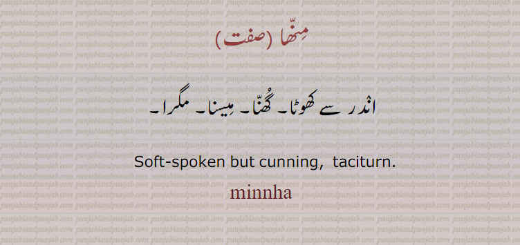 منھا ,اندر سے کھوٹا۔ گھنا۔ میسنا۔ مگرا۔
  Soft-spoken but cunning,  taciturn. minnha, ਮਨ੍ਹਾ