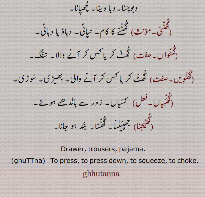 Drawer, trousers, pajama., ghuTTna,  To press, to press down, to squeeze, to choke., ghutanna, drawer, trousers, pajama,ghuttna, to press down, to squeeze, to choke,ghutnna ,ghutnnan , ਘੁਟੰਨਾ, ghuttna, ਘੁੱਟਣਾ,