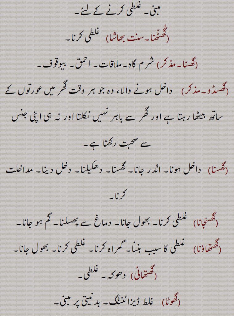 دھکیلنا۔ دخل دینا۔ مداخلت کرنا,گھسجانا,   غلطی کرنا۔ بھول جانا۔ دماغ سے پھسلنا۔ گم ہو جانا,گھتھاؤنا, غلطی کا سبب بننا۔ گمراہ کرنا۔ غلطی کرنا۔ بھول جانا,گھتھائی,  دھوکہ۔ غلطی,گھوٹا,   غلط ڈیزائننگ۔ بدنیتی پر مبنی۔