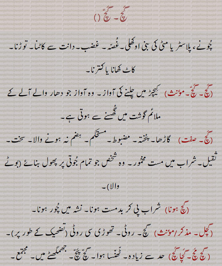 گچ۔ گچ , چونے، پلاسٹر یا مٹی کی بنی اوکھلی۔غصہ۔ غضب۔دانت سے کاٹنا۔ توڑنا۔ کاٹ کھانا یا کترنا, کیچڑ میں چلنے کی آواز۔ وہ آواز جو دھار والے آلے کے ملائم گوشت میں گھسنے سے ہوتی ہے,  گاڑھا۔ پختہ۔ مضبوط۔مستحکم۔ ہضم نہ ہونے والا۔ سخت۔ ثقیل۔شراب میں مست مخمور۔ وہ شخص جو تمام جوتی پر پھول بنائے (بوٹے والا),گچ ہونا,  شراب پی کر بدمست ہونا۔ نشہ میں چور ہونا,گچل,   گچ۔ روٹی۔ تھوڑی سی روٹی (تضحیک کے طور پر), گچ مچ۔گچا گچ,  حد سے زیادہ۔ ٹھنسا ہوا۔