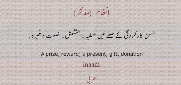 انعام۔ حسن کارکدگی کے صلے میں عطیہ بخشش خلعت۔ , A prize, reward; a present, gift, donation, ਇਨਾਮ, inam, inaam, gift, tuhfa, تحفہ,