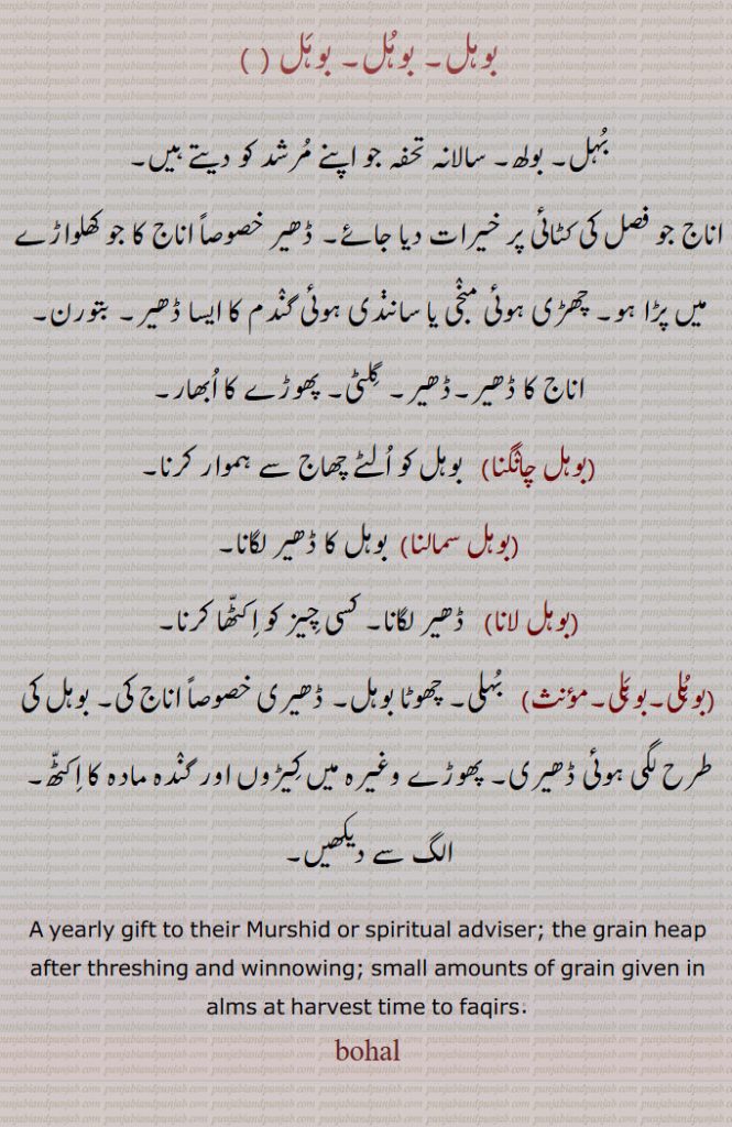 gift, tuhfa, تحفہ,ਬਿਦੱ,bohal , ਬੋਹਲ ,A yearly gift to their Murshid or spiritual adviser; the grain heap after threshing and winnowing; small amounts of grain given in alms at harvest time to faqirs;
بوہل, ,بہل۔ بولھ۔ سالانہ تحفہ جو اپنے مرشد کو دیتے ہیں۔
اناج جو فصل کی کٹائی پر خیرات دیا جائے۔ ڈھیر خصوصاً اناج کا جو کھلواڑے میں پڑا ہو۔ چھڑی ہوئی منجی یا سانڽدی ہوئی گندم کا ایسا ڈھیر۔ بتورن۔ اناج کا ڈھیر۔ڈھیر۔ گلٹی۔ پھوڑے کا ابھار,بوہل چانگنا,   بوہل کو الٹے چھاج سے ہموار کرنا,بوہل سمالنا,  بوہل کا ڈھیر لگانا,بوہل لانا,  ڈھیر لگانا۔ کسی چیز کو اکٹھا کرنا,بوہلی,  بہلی۔ چھوٹا بوہل۔ ڈھیری خصوصاً اناج کی۔ بوہل کی طرح لگی ہوئی ڈھیری۔ پھوڑے وغیرہ میں کیڑوں اور گندہ مادہ کا اکٹھ۔