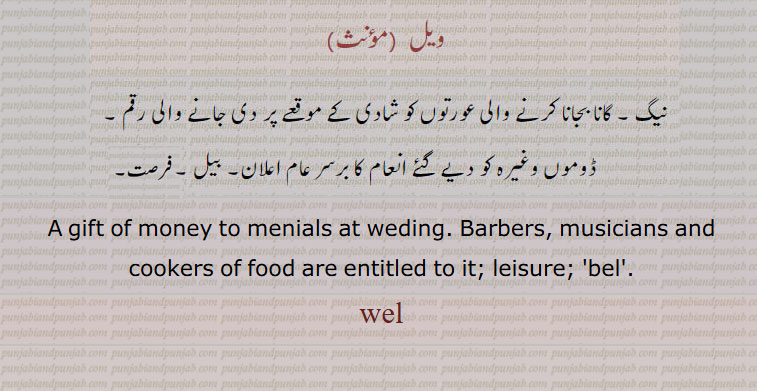 gift, tuhfa, تحفہ,ਤੁਹਫ਼ਾ, ,ਵੇਲ, ਬੇਲ,wel
money given to menials. dancing girls and others at a wedding 
leisure , bel, climbing plant,  نیگ۔ شادی پر خدمتگاروں کو دیا جانے والا انعام رقم ۔ فرصت۔ بیل۔ ویل۔