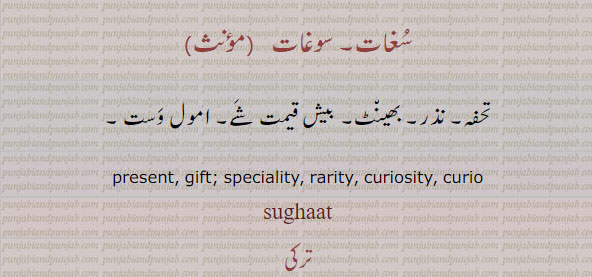 ਸੁਗਾਤ, ਸੌਗਾਤ, سوغات۔ سغات۔ تحفہ۔ نذر۔ بھینٹ۔ بیش قیمت شے۔ امول وست۔ present. gift. speciality. rarity. curiosty. curio. sughat. sughaat. soghat. soghaat., gift, tuhfa, تحفہ