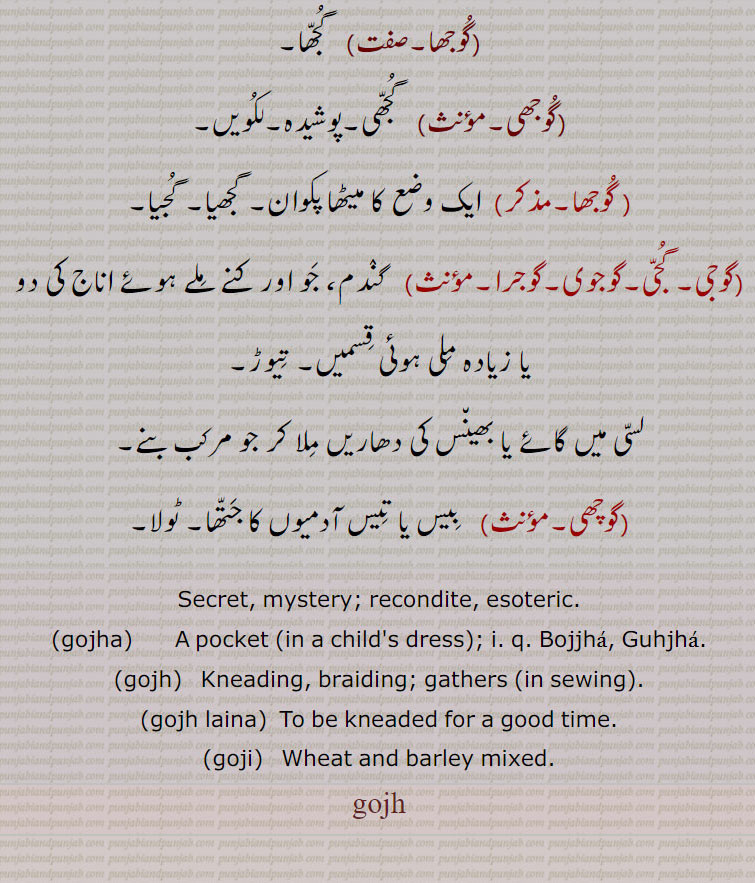 گنجی,گوجھا, گجھا,گوجھی,گجھی۔پوشیدہ۔لکویں, گوجھا,  ایک وضع کا میٹھا پکوان۔ گجھیا۔ گجیا,گوجی۔ گجی۔گوجوی۔گوجرا,گندم، جو اور کنے ملے ہوئے اناج کی دو یا زیادہ ملی ہوئی قسمیں۔ تیوڑ, لسی میں گائے یا بھینس کی دھاریں ملا کر جو مرکب بنے,گوچھی, بیس یا تیس آدمیوں کا جتھا۔ ٹولا۔
Secret, mystery; recondite, esoteric. ,gojha,  A pocket (in a child's dress,;   Bojjha, Guhjha., gojh,   Kneading, braiding; gathers (in sewing).,gojh laina,  To be kneaded for a good time.,goji,   Wheat and barley mixed., gojh, ਗੋਝ,gojha, ਗੁੱਝਾ,ਗੋਝਾ, goji,
