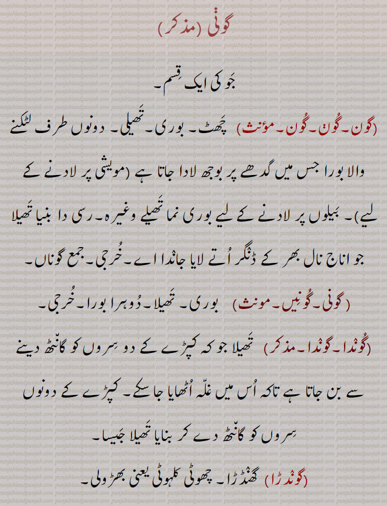 گوڽی, جو کی ایک قسم،۔گون،  چھٹ۔ بوری۔تھیلی۔ دونوں طرف لٹکنے والا بورا جس میں گدھے پر بوجھ لادا جاتا ہے (مویشی پر لادنے کے لیے)۔ بیلوں پر لادنے کے لیے بوری نما تھیلے وغیرہ۔رسی دا بنیا تھیلا جو اناج نال بھر کے ڈنگر اتے لایا جاندا اے۔خرجی, گوناں,  گونی۔گونیں,   بوری۔ تھیلا۔دوہرا بورا۔خرجی,گوندا۔گوندا, تھیلا جو کہ کپڑے کے دو سروں کو گانٹھ دینے سے بن جاتا ہے تاکہ اس میں غلہ اٹھایا جا سکے۔ کپڑے کے دونوں سروں کو گانٹھ دے کر بنایا تھیلا جیسا,گوندڑا,  گھنڈڑا۔ چھوٹی کلہوٹی یعنی بھڑولی,گون,   ٹانٹ۔سر کی چوٹی۔ چاند۔ چندیا۔ بغیر بال کے سر,گون کھننا۔گون کھننا,    ٹانٹ کھجانا,چاند میں کھجلی ہونا۔ پٹنے یا چانٹے کھانے کو دل چاہنا,گونا,سر منڈا۔ روڈا۔ گھونا ,
,گونی,  گونا سے۔سرمنڈی۔ اوڈی 
Varieties of barley., goon, gooni,   A hair-cloth or hemp- sack used for leading asses, ponies, oxen and mules; dialectical usage bag, gunny bag, sack, especially one for loading beasts of burden., goni,  The top of the head, head without hair.
, goni, ਗੋਣੀ , goon, gooni, ਗੂਣ, ਗੂਣੀ, gon