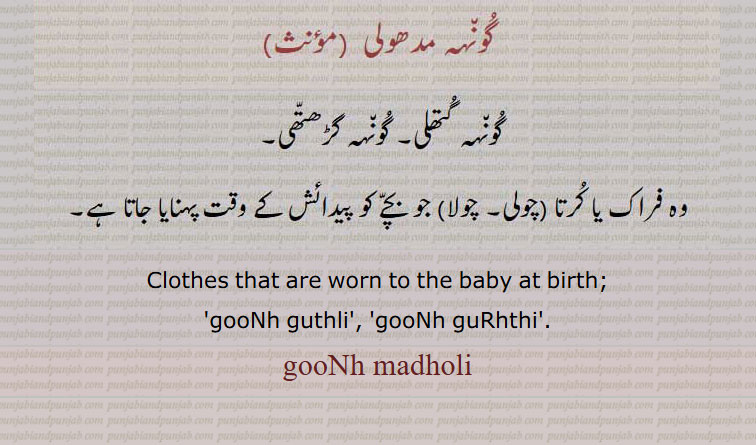گونہہ مدھولی 
گونہہ گتھلی۔ گونہہ گڑھتھی۔ 
وہ فراک یا کرتا (چولی۔ چولا) جو بچے کو پیدائش کے وقت پہنایا جاتا ہے۔
gooNh madholi, , ਗੂੰਹ ਮਧੋਲੀ,ਗੂੰਹ ਗੁਥਲੀ, ਗੂੰਹ ਗੜ੍ਹੱਥੀ,Clothes that are worn to the baby at birth;
'gooNh guthli', 'gooNh guRhthi'.