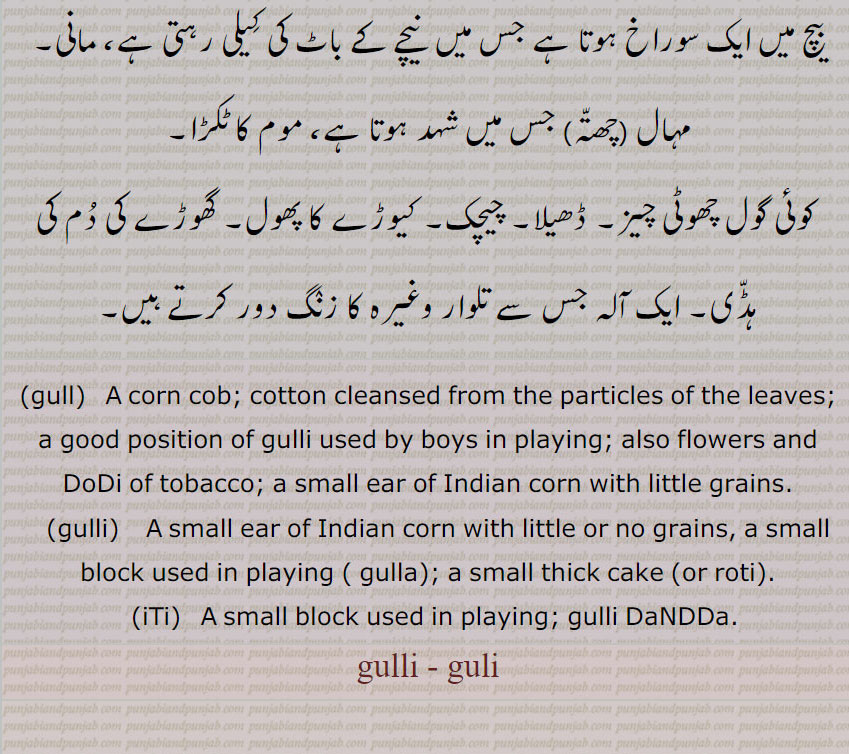 مہال (چھتہ) جس میں شہد ہوتا ہے، موم کا ٹکڑا۔
 کوئی گول چھوٹی چیز۔ ڈھیلا۔ چیچک۔ کیوڑے کا پھول۔ گھوڑے کی دم کی ہڈی۔ ایک آلہ جس سے تلوار وغیرہ کا زنگ دور کرتے ہیں۔
,gull,   A corn cob; cotton cleansed from the particles of the leaves; a good position of gulli used by boys in playing; also flowers and DoDi of tobacco; a small ear of Indian corn with little grains.,gulli,    A small ear of Indian corn with little or no grains, a small block used in playing ( gulla); a small thick cake (or roti)., gulli , guli, gull, ਗੁੱਲ, ਗੁੱਲੀ, ਗੁਲੀ,