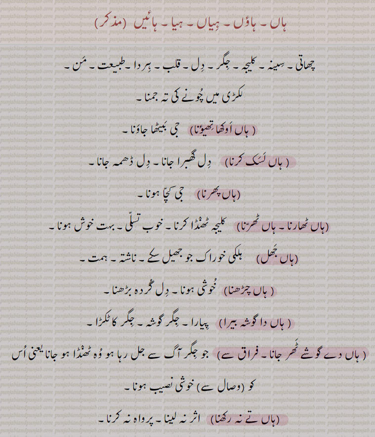 ہاں۔ ہاؤں۔ ہیاں۔ہیا۔ہائیں۔ چھاتی۔ سینہ۔ کلیجہ۔ جگر۔ دل۔ قلب۔ ہردا۔ طبیعت۔ من۔ لکڑی میں چونے کی تہ جمنا۔ ،ہاں اوکھا تھیونا، دل دھمہ جانا۔ جی کچا ۔ کلیجہ ٹھنڈا۔ خوب تسلی۔ خوش ہونا۔ ہلکی خوراک۔ ہمت۔ جگر گوشہ۔ پرواہ نہ کرنا,