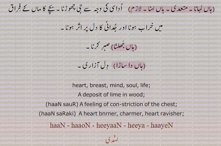 ہاں لہانا۔ ہاں لہنا۔ اداسی کی وجہ سے جی چھوڑنا۔ جدائی کا دل پر اثر۔ ہاں جھلنا۔ صبر کرنا۔ ہاں دا ساڑا۔ دل آزاری۔heart. breast. mind. soul. life. deposit of lime in wood. haan saur. haan saor. feeling of con striction of chest. haan saraki heart burner. charmer. heart ravisher. haan. haaon. heeyaan. heeya. hayen. haon. hiyaan. heeya. hayen. 