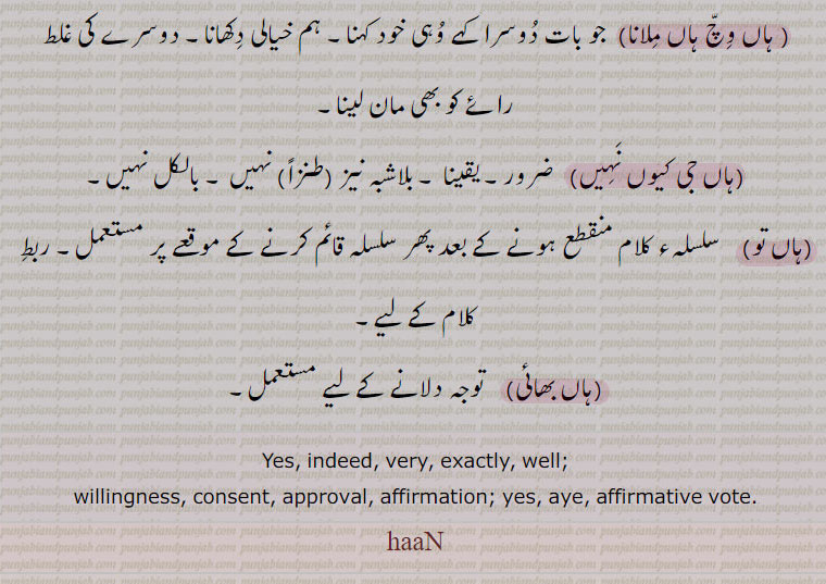 ہاں وچ ہاں ملانا۔ دوسرا جو کہے۔ ہم خیال۔ بلاشبہ۔ بالکل نہیں۔ ربط کلام کے لیے۔ ہاں بھائِ ۔توجہ دلانا۔ yes. indeed. very. exactiy well. willingness. consent. approval. affirmation aye. affirmative. cote. haan.