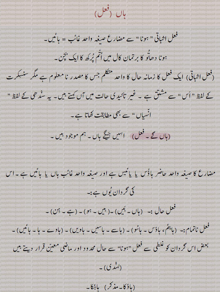 
ہاں۔ ہونا۔ ہائِں۔ ہونا۔ دھاتو کا برتمان کال میں اتم پرکھ کا بچن۔ اثباتی۔ انہیاں۔ ہاں گے۔ اسیں ہینگے۔ ہم موجود ہیں۔ ہایئم۔ ہاؤس۔ ہائو۔ ہاسے ہاسیں۔ ہاویں۔ ہاوے۔ ہا۔ ہائِں۔ ہاؤکا۔ ہاہکا۔