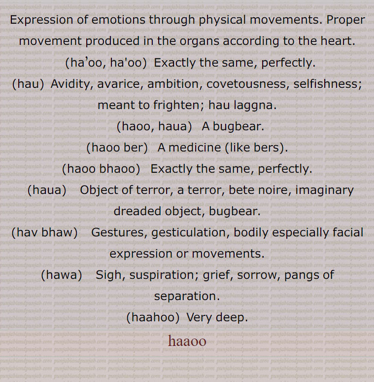 Expression of emotions through physical movements. Proper movement produced in the organs according to the heart.,ha’oo, ha'oo,  Exactly the same, perfectly.,hau,  Avidity, avarice, ambition, covetousness, selfishness; meant to frighten; hau laggna.,haoo, haua,   A bugbear.,haoo ber,   A medicine (like bers).,haoo bhaoo,   Exactly the same, perfectly.,haua,   Object of terror, a terror, bete noire, imaginary dreaded object, bugbear.,hav bhaw,    Gestures, gesticulation, bodily especially facial expression or movements.,hawa,   Sigh, suspiration; grief, sorrow, pangs of separation.,haahoo,  Very deep.,haaoo,haau,,hau,ਹਾਊ ,ਹਾਓ,ਹੌ,haoo, haua, ਹਊ, ਹਊਆ,haoo ber,haoo bhaoo,haua , ਹਊਆ,hav bhaw, ਹਾਵ,ਭਾਵ,hawa,ਹਾਵਾ,haahoo,