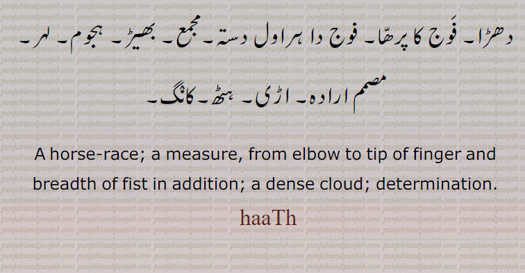 A horse-race; a measure, from elbow to tip of finger and breadth of fist in addition; a dense cloud; determination.
 haaTh, hath. ਹਾਠ