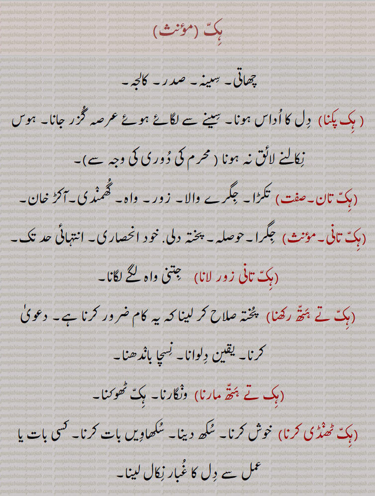 ہک, چھاتی۔ سینہ۔ صدر۔ کالجہ, ہک پکنا,  دل کا اداس ہونا۔ سینے سے لگائے ہوئے عرصہ گزر جانا۔ ہوس نکالنے لائق نہ ہونا ( محرم کی دوری کی وجہ سے),ہک تان, تکڑا۔ جگرے والا۔ زور۔ واہ۔ گھمندی۔آکڑ خان,ہک تانی, جگرا۔حوصلہ۔ پختہ دلی. خود انحصاری۔ انتہائی حد تک,ہک تانی زور لانا,جتنی واہ لگے لگانا,ہک تے ہتھ رکھنا,   پختہ صلاح کر لینا کہ یہ کام ضرور کرنا ہے۔ دعویٰ کرنا۔ یقین دلوانا۔ نسچا باندھنا,ہک تے ہتھ مارنا,  ونگارنا۔ ہک ٹھوکنا,ہک ٹھنڈی کرنا,  خوش کرنا۔ سکھ دینا۔ سکھاویں بات کرنا۔ کسی بات یا عمل سے دل کا غبار نکال لینا,