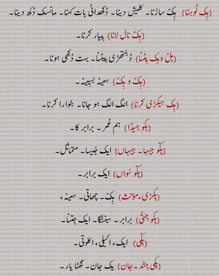 ,ہک لوہنا,  ہک ساڑنا۔ کلیش دینا۔ دکھدائی بات کہنا۔ مانسک دکھ دینا,ہکً نال لانا, پیار کرنا,ہل وہک پٹنا,دہتھڑی پیٹنا۔ بہت دکھی ہونا,ہک و ہک,  سینہ بسیینہ,ہک ہیکڑی کرنا,  الگ الگ ہو جانا۔ بٹوارا کرنا,ہکو جیڈا, ہم عمر۔ برابر کا,ہکو جیہا۔ جیہاں, ایک جیسا۔ متماثل,ہکو سواں,  ایک برابر,ہکڑی,ہک۔ چھاتی۔ سینہ،
,ہکو جتی,  برابر۔ سینڽگا۔ ایک جتنا,ہکی,   ایک، اکیلی، اکلوتی,ہکی جند۔جان,یک جان۔ گھٹا یار,ہکی دید, 
