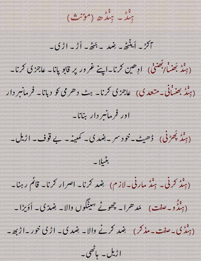 ہنڈ۔ ہنڈھ ,آکڑ۔ اینٹھ۔ ضد ۔ہٹھ۔ اڑ۔ اڑی,ہنڈ بھننا,ہنڈ بھننی,  ادھین کرنا۔اپنے غرور پر قابو پانا۔ عاجزی کرنا,ہنڈ بھننانی, عاجزی کرنا۔ ہٹ دھرمی کو دبانا۔ فرمانبردار اور فرمانبردار بنانا,ہنڈ پھڑنی,ڈھیٹ۔خودسر۔ضدی۔ کمینہ۔ بے قوف۔ اڑیل۔ہٹیلا,ہنڈ کرنی۔ ہنڈ مارنی,  ضد کرنا۔ اصرار کرنا۔ قائم رہنا,ہنڈو, مدھرا۔ چھوٹے سینگوں والا۔ ضدی۔ اویڑا,ہنڈی,  ضد کرنے والا۔ ضدی۔ اڑی خور۔اڑبھ۔اڑیل۔ ہاٹھی۔