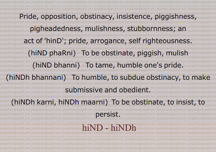 Pride, opposition, obstinacy, insistence, piggishness, pigheadedness, mulishness, stubbornness; an
act of 'hinD'; pride, arrogance, self righteousness., hiND phaRni,   To be obstinate, piggish, mulish, hiND bhanni,   To tame, humble one's pride., hiNDh bhannani,   To humble, to subdue obstinacy, to make submissive and obedient., hiNDh karni, hiNDh maarni,  To be obstinate, to insist, to persist.,  hiND , hiNDh, ਹਿੰਡ ਫੜਨੀ, ਹਿੰਡ ਭੰਨਣੀ , ਹਿੰਡ, ਹਿੰਢ ,