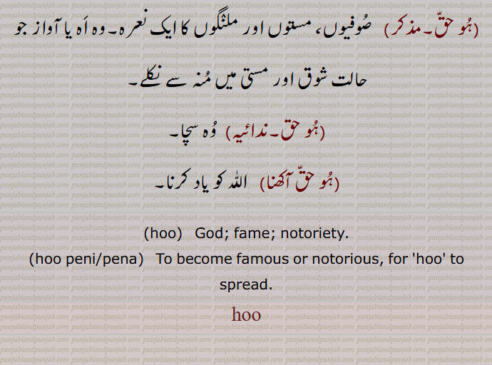 ,hoo,  God; fame; notoriety.,hoo peni, hoo pena,   To become famous or notorious, for 'hoo' to  spread. hoo, hoo, ਹੂ,God, fame,hoo peni,hoo pena,ਹੂ ਪੈਣੀ ,To become famous,, ہو,hoo,ਹੂ,