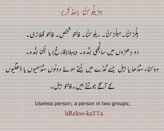 ہڑیلو کٹا,ہلڑ کٹا۔ہیلڑ کٹا۔ ریلو کٹا۔ فالتو شخص۔ فالتو کھلاڑی۔
دو دھڑوں میں سانجھی بندہ۔ ویہلا,فارغ,  نکما بندہ,وہ کٹا، سنڈھا یا بیل  جسے گڈے میں  جتے ہوئے دونوں سنڈھیوں یا ڈھگیوں کے آگے جوتتے ہیں۔فالتو بیل۔
 Useless person; a person in two groups; hReloo-katta, hRelu-katta, haReloo-katta, haRelu-katta, ਹਿਲੱੜ ਕੱਟਾ, ਹੀਲੜ ਕੱਟਾ, ਹੜੀਲੂ ਕੱਟਾ,